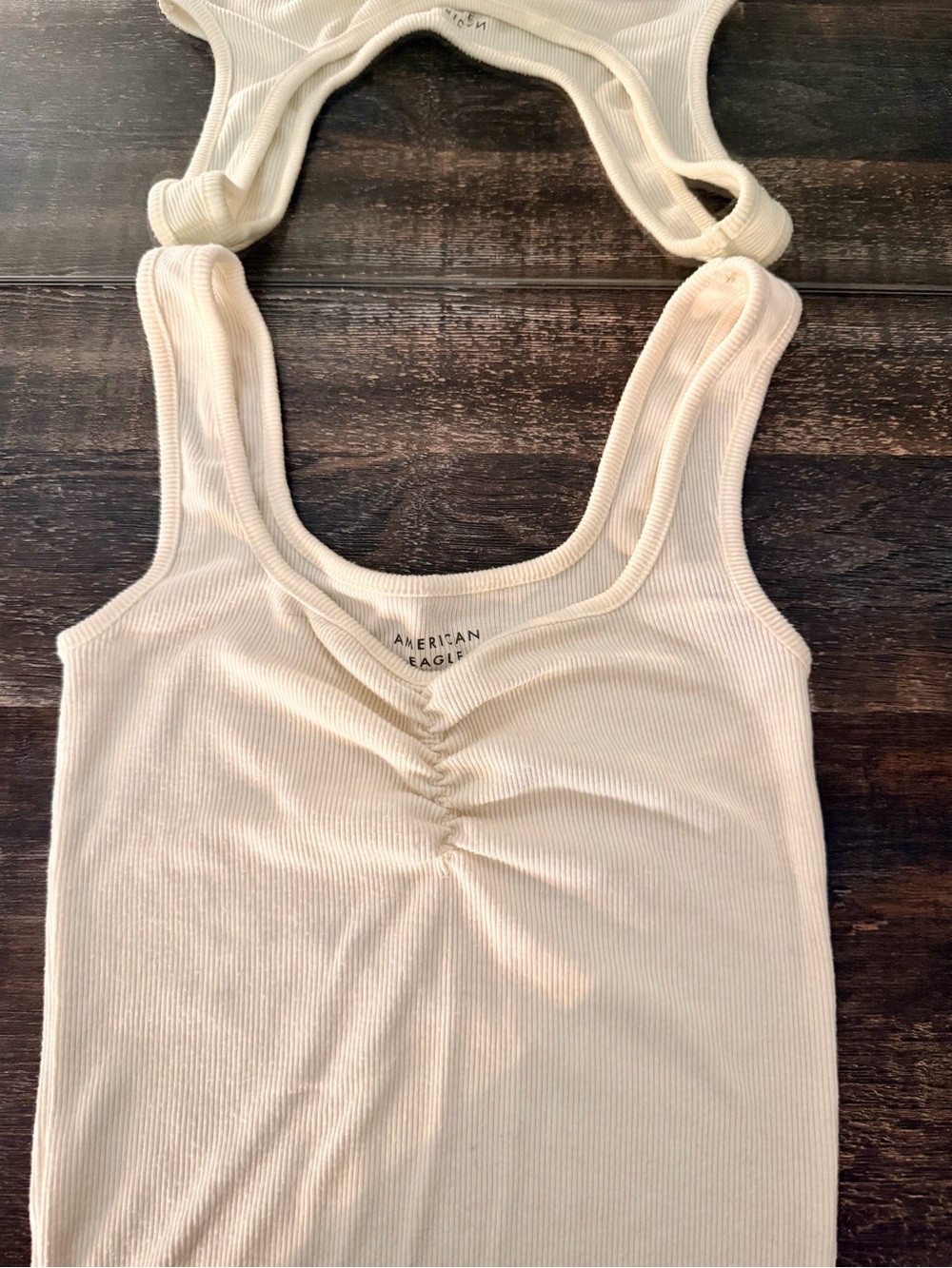 American Eagle Outfitters Ribbed Cream Tank with Ruched Front Detail